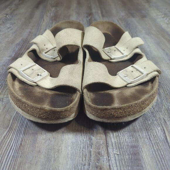 BIRKENSTOCK Arizona Tan Beige Birko-Flor Mens Slip On Sandals Size EU 45 US 12 - Picture 3 of 12